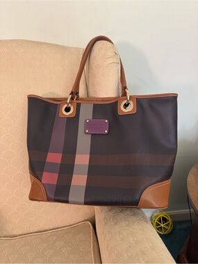 Plaid Canvas Tote with Brown Trim by Bean Pole